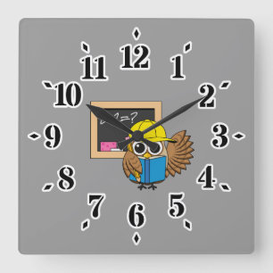Cute School Student Owl Cartoon Square Wall Clock