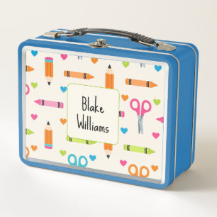 Cute School Supplies Pattern Boy or Girl Blue Metal Lunch Box