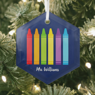 Cute School Teacher Crayon Personalised Christmas Glass Tree Decoration