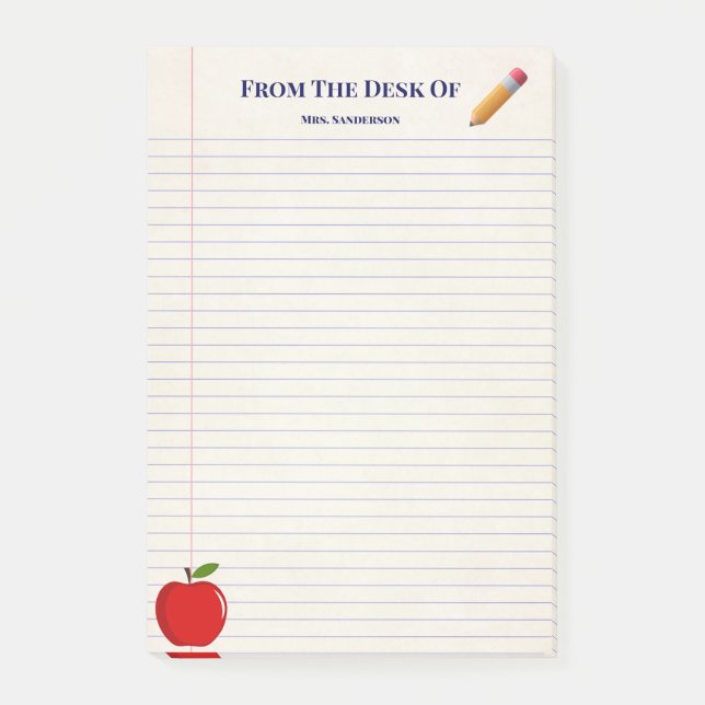 Cute School Teacher Name Apple Pencil Lined Post-it Notes (Front)