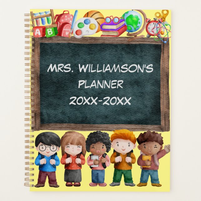 Cute School Watercolor Chalkboard Text Teacher Pla Planner (Front)