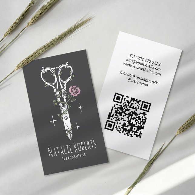 Cute Scissor Drawing Elegant Dark Hair Stylist Business Card (Creator Uploaded)