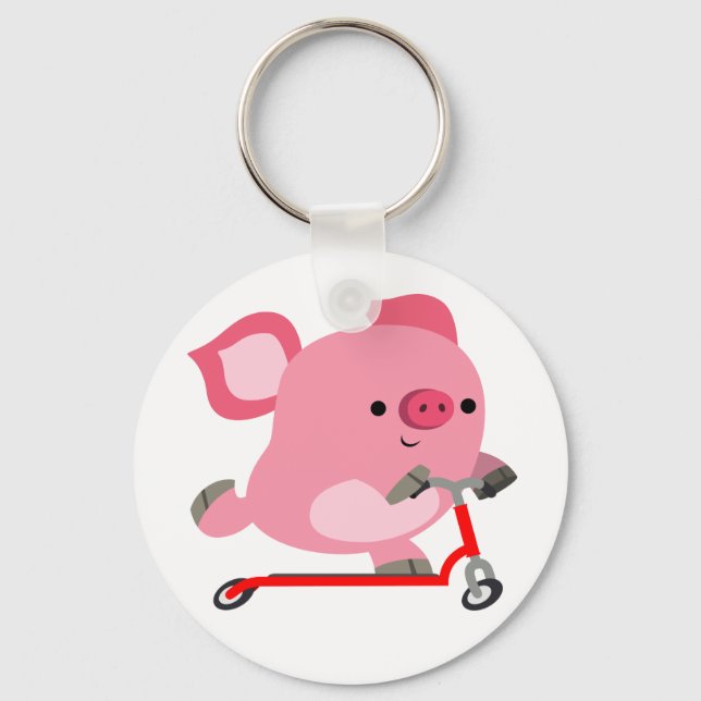 Cute Scooter-Riding Cartoon Pig Key Ring (Front)