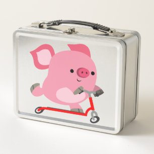 Cute Scooter-Riding Cartoon Pig Metal Lunch Box