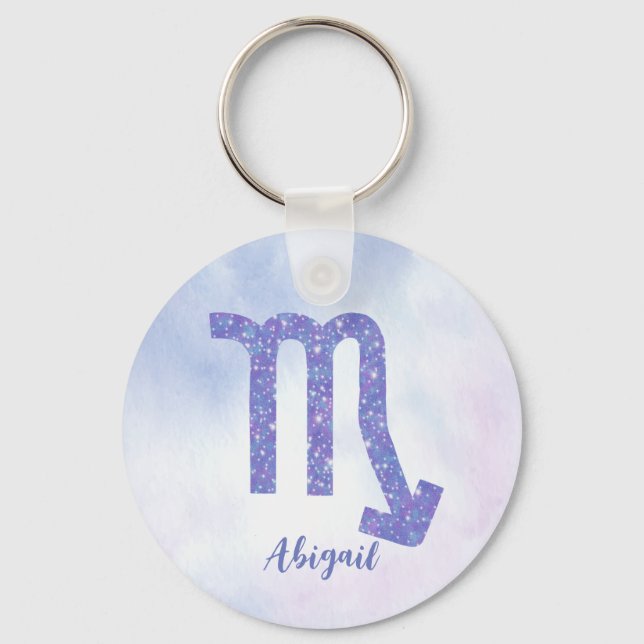 Cute Scorpio Astrology Sign Personalised Purple Key Ring (Front)