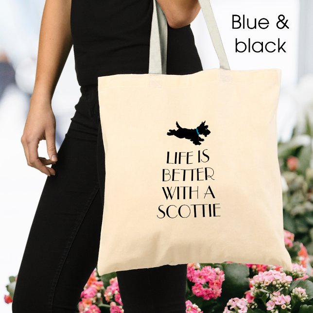 Cute Scottie Dog Custom Text Blue Tote Bag (Creator Uploaded)