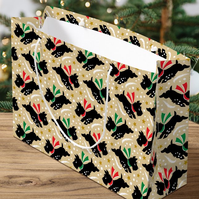 Cute Scottie Dog Fun Snow Retro Pattern Gold Large Gift Bag (Creator Uploaded)