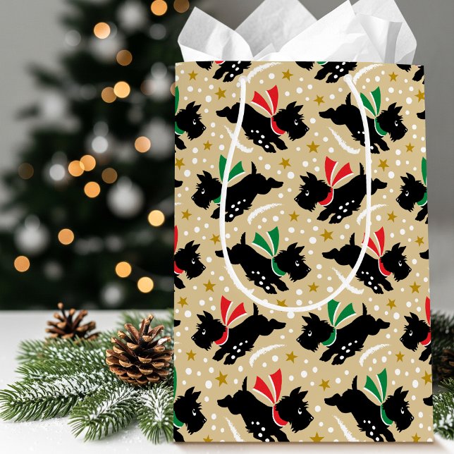 Cute Scottie Dog Fun Snow Retro Pattern Gold Medium Gift Bag (Creator Uploaded)
