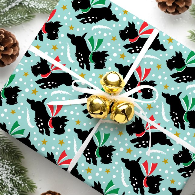 Cute Scottie Dog Fun Snow Retro Pattern Mint Wrapping Paper (Creator Uploaded)