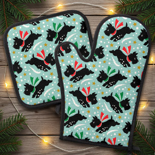 Cute Scottie Dog Snow Pet Mint Green Christmas Oven Mitt & Pot Holder Set