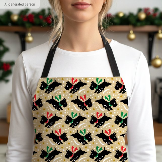 Cute Scottie Dog Snow Pet Pattern Gold Christmas Apron (Creator Uploaded)
