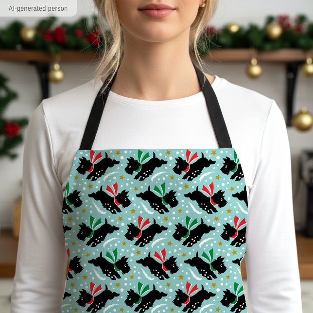 Cute Scottie Dog Snow Pet Pattern Mint Christmas Apron (Creator Uploaded)