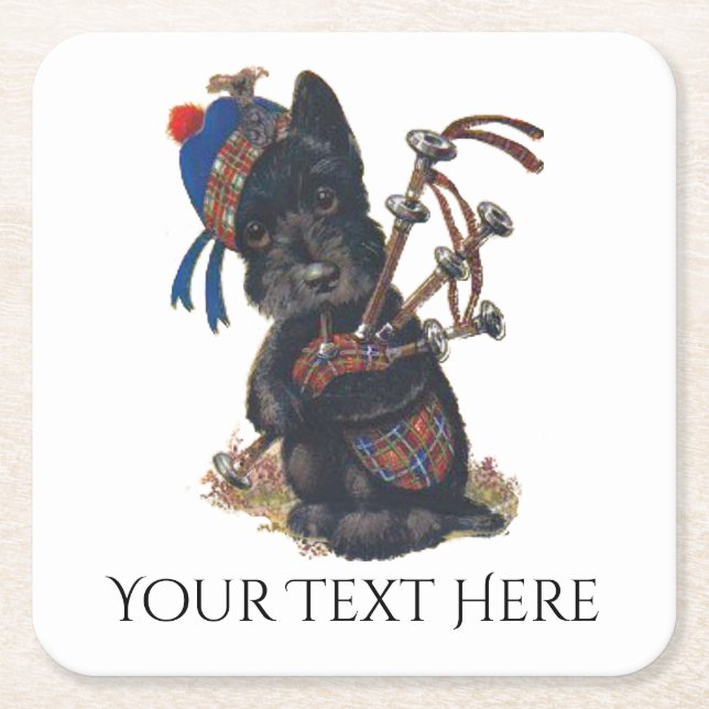 Cute Scottie Playing Bagpipes Personalise Square Paper Coaster (Front)