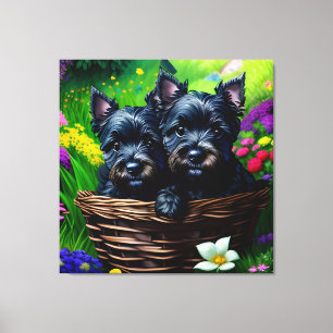 Cute Scottie Terrier Puppies in a Basket 10 Canvas Print