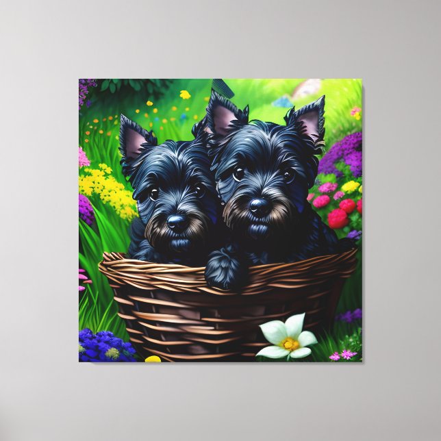 Cute Scottie Terrier Puppies in a Basket 10 Canvas Print (Front)