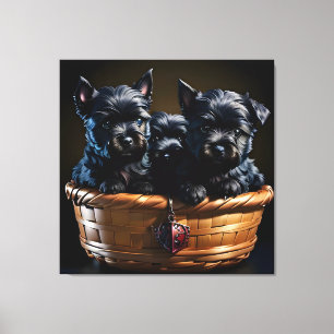 Cute Scottie Terrier Puppies in a Basket 2 Canvas Print