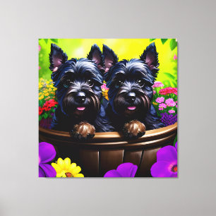 Cute Scottie Terrier Puppies in a Basket 8 Canvas Print