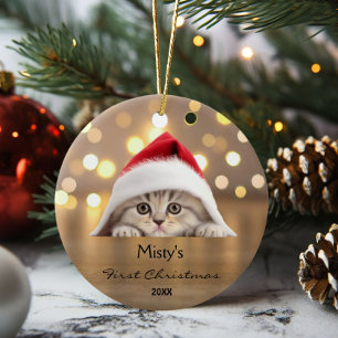 Cute Scottish Fold Cat Santa Hat Gold Personalised Ceramic Tree Decoration