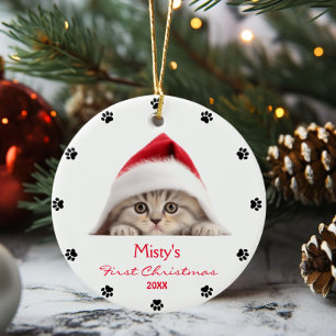 Cute Scottish Fold Cat Santa Hat Paw Personalized  Ceramic Tree Decoration