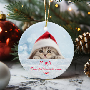 Cute Scottish Fold Cat Santa Hat Paw Personalized  Ceramic Tree Decoration