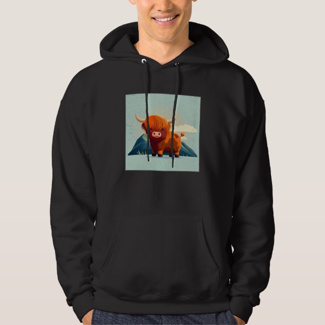Cute Scottish Highland Cow Illustration Little Hor Hoodie (Front)