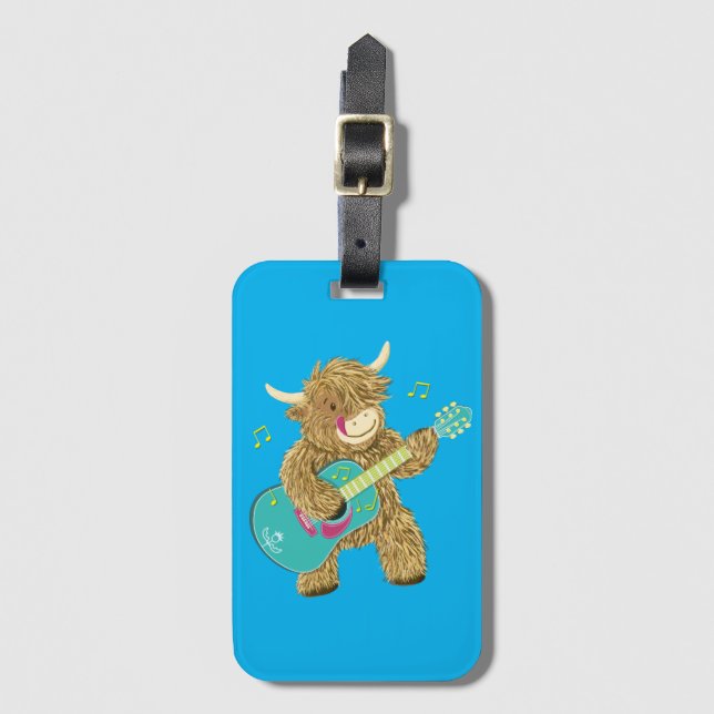 Cute Scottish Highland Cow Plays Guitar     Luggage Tag (Front Vertical)