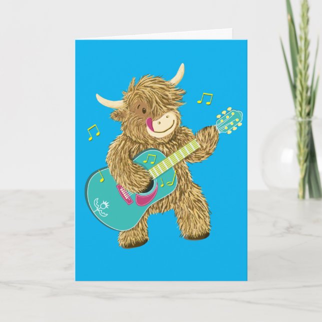 Cute Scottish Highland Cow Plays Guitar     Medium Card (Front)