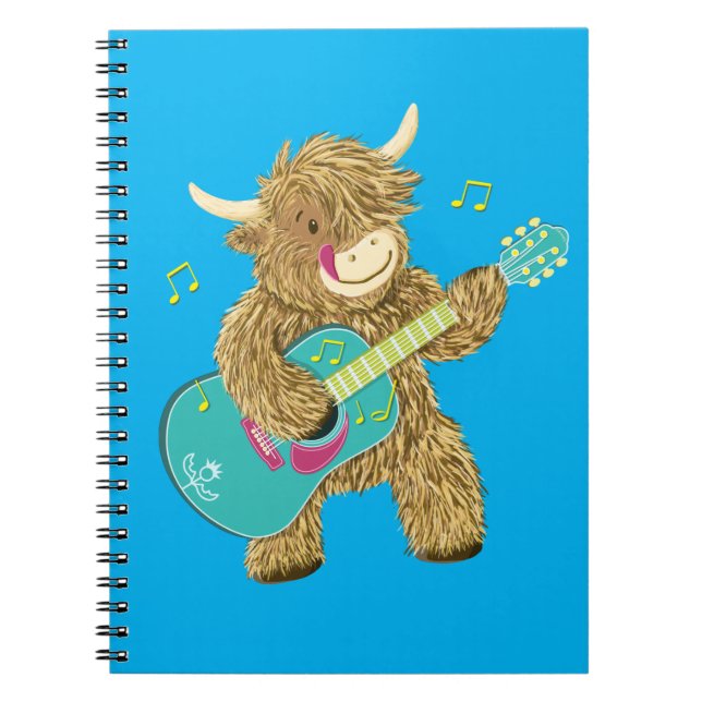 Cute Scottish Highland Cow Plays Guitar  Notebook (Front)