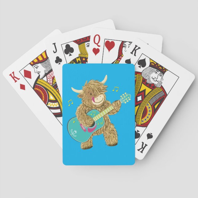 Cute Scottish Highland Cow Plays Guitar    Playing Cards (Back)