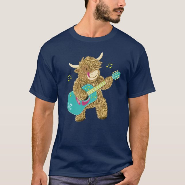 Cute Scottish Highland Cow Plays Guitar T-Shirt (Front)