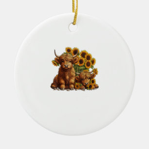 Cute Scottish Highland Cow Sunflower Mothers Day F Ceramic Tree Decoration