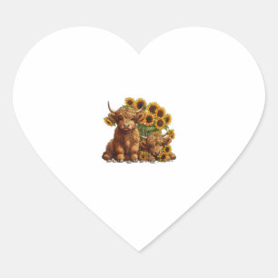 Cute Scottish Highland Cow Sunflower Mothers Day F Heart Sticker