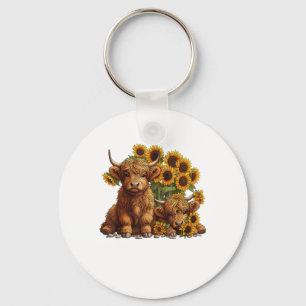 Cute Scottish Highland Cow Sunflower Mothers Day F Key Ring