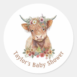 Cute Scottish Highland Cow Watercolor Pink Peach C Classic Round Sticker