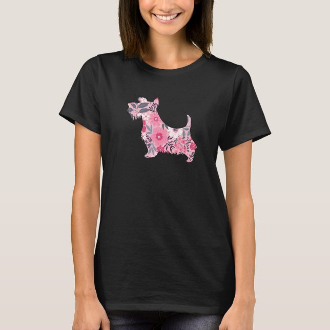 Cute Scottish Terrier Flower Floral Silhouette Dog T-Shirt (Front)