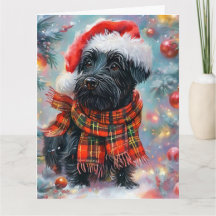 Cute Scottish Terrier in Santa Hat and Scarf