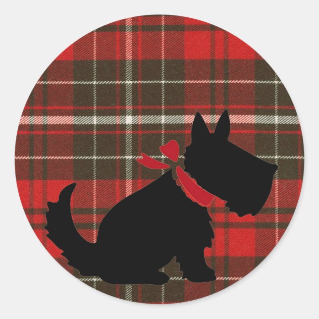 Cute Scotty Dog & Red Tartan Classic Round Sticker (Front)