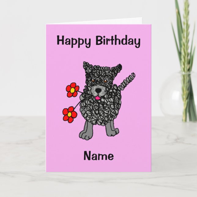 Cute Scribbled Dog Pink Cartoon Birthday Card (Front)