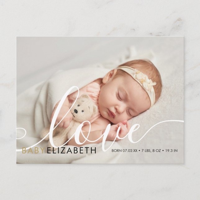 Cute Script Baby Birth Announcement Postcard (Front)