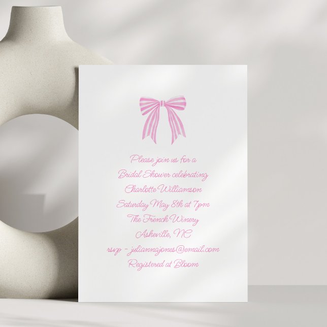 Cute Script Coquette Bow Pink Stripe Bridal Shower Invitation (Creator Uploaded)