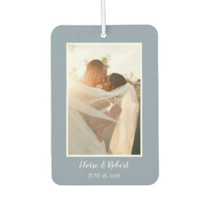 Cute Script Dusty Blue Wedding Anniversary Photo Car Air Freshener