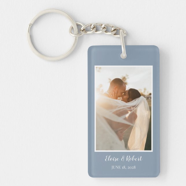 Cute Script Dusty Blue Wedding Anniversary Photo Key Ring (Front)
