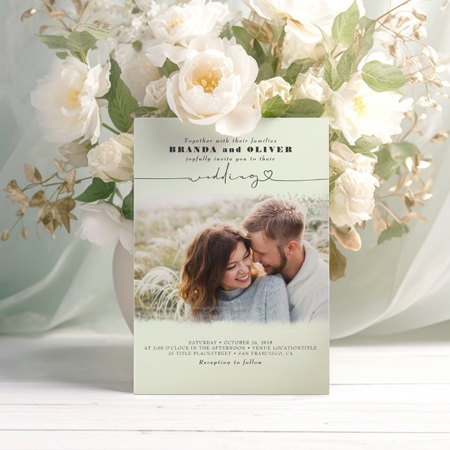 Cute Script Elegant Photo Overlay Sage Wedding Invitation (Sage Green Wedding Photo Invitations)
