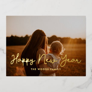 Cute script Happy New Year photo Foil Holiday Postcard