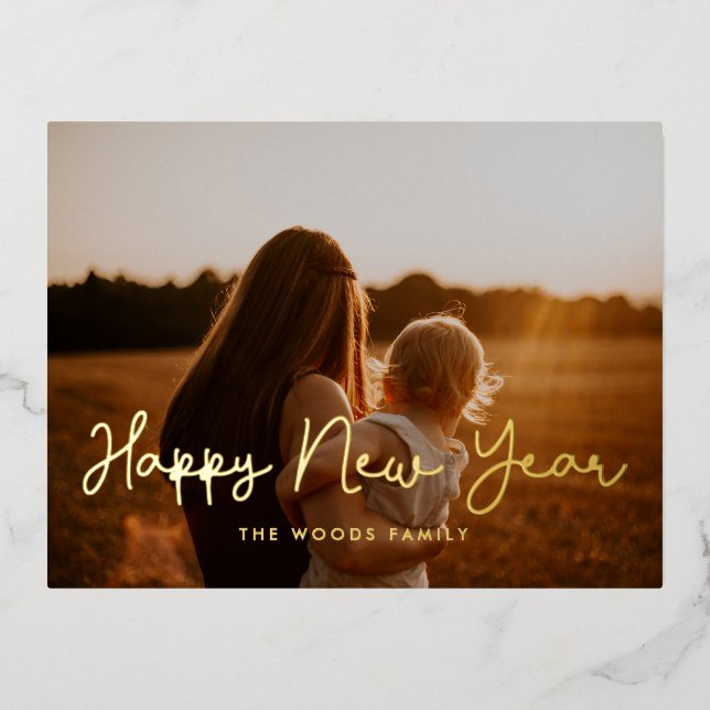 Cute script Happy New Year photo Foil Holiday Postcard (Front)