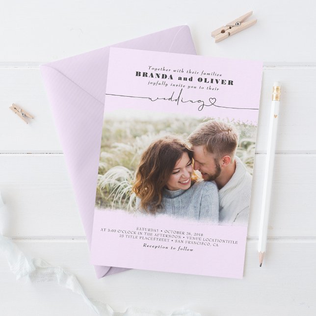 Cute Script Light Purple Photo Overlay Wedding Invitation (Creator Uploaded)