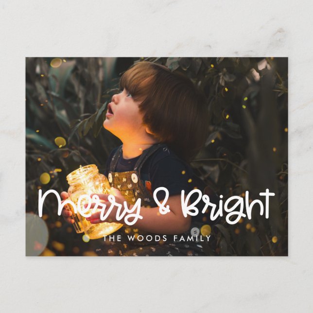Cute script Merry and Bright Holiday photo Postcard (Front)