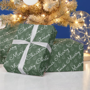 Cute Script Merry Christmas Holiday Tree Pattern Wrapping Paper
