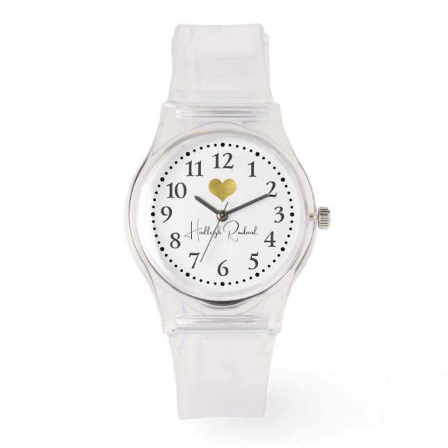 Cute Script Name Gold Heart Monogram Watch (Front)