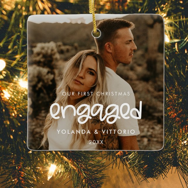 Cute script Our First Christmas engaged Photo Ceramic Ornament (Creator Uploaded)